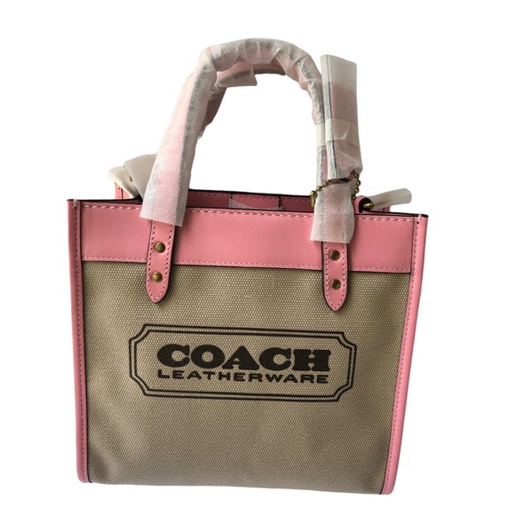 Coach Field 22 Logo ColorBlock Natural Canvas Tote Crossbody Bag Pink New - Picture 2 of 10